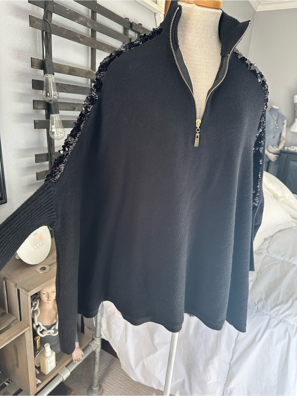Exquisse’s Paris Black Sequin-Trim Half-Zip Sweater, OSFA - Picture 3 of 17